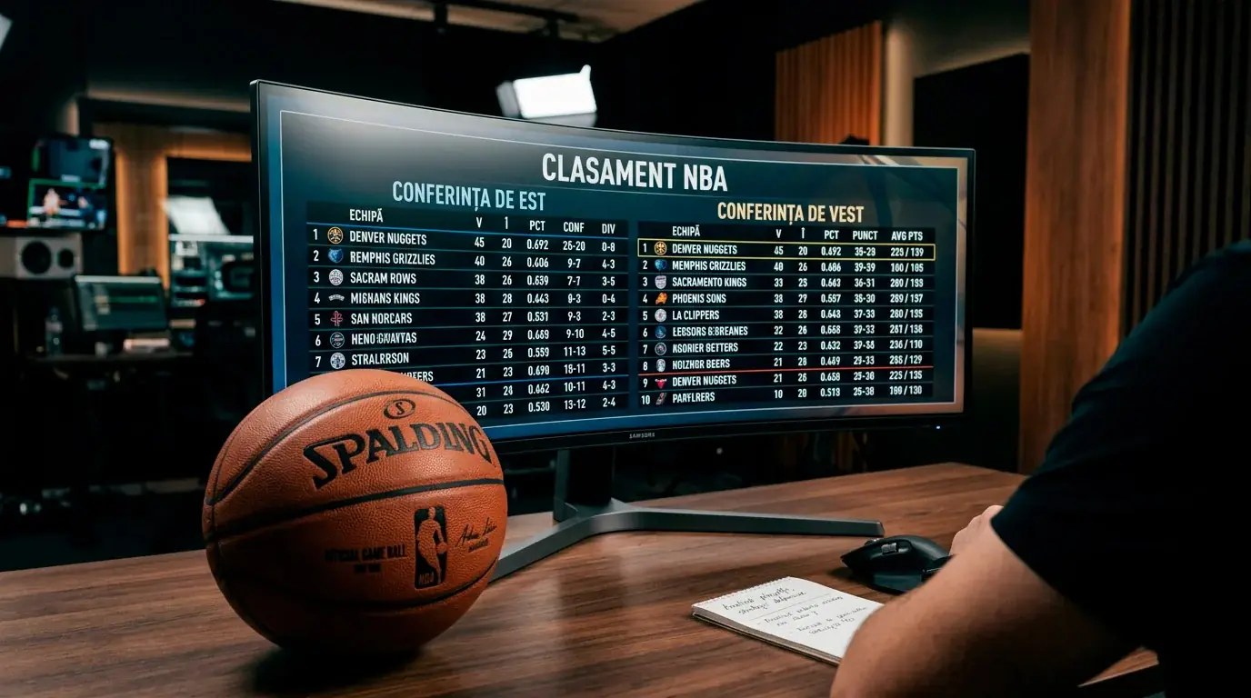 Clasamentul conferintelor NBA Est si Vest afisat pe un ecran cu statistici de victorii si infrangeri