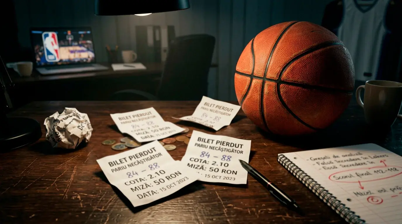 Bilete de pariuri pierdute pe NBA risipite pe o masa langa o minge de baschet