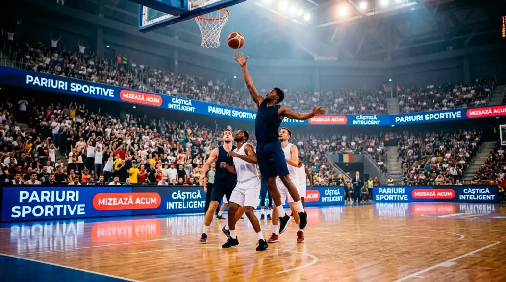 Arena NBA cu panouri publicitare ale companiilor de pariuri sportive vizibile pe marginea terenului