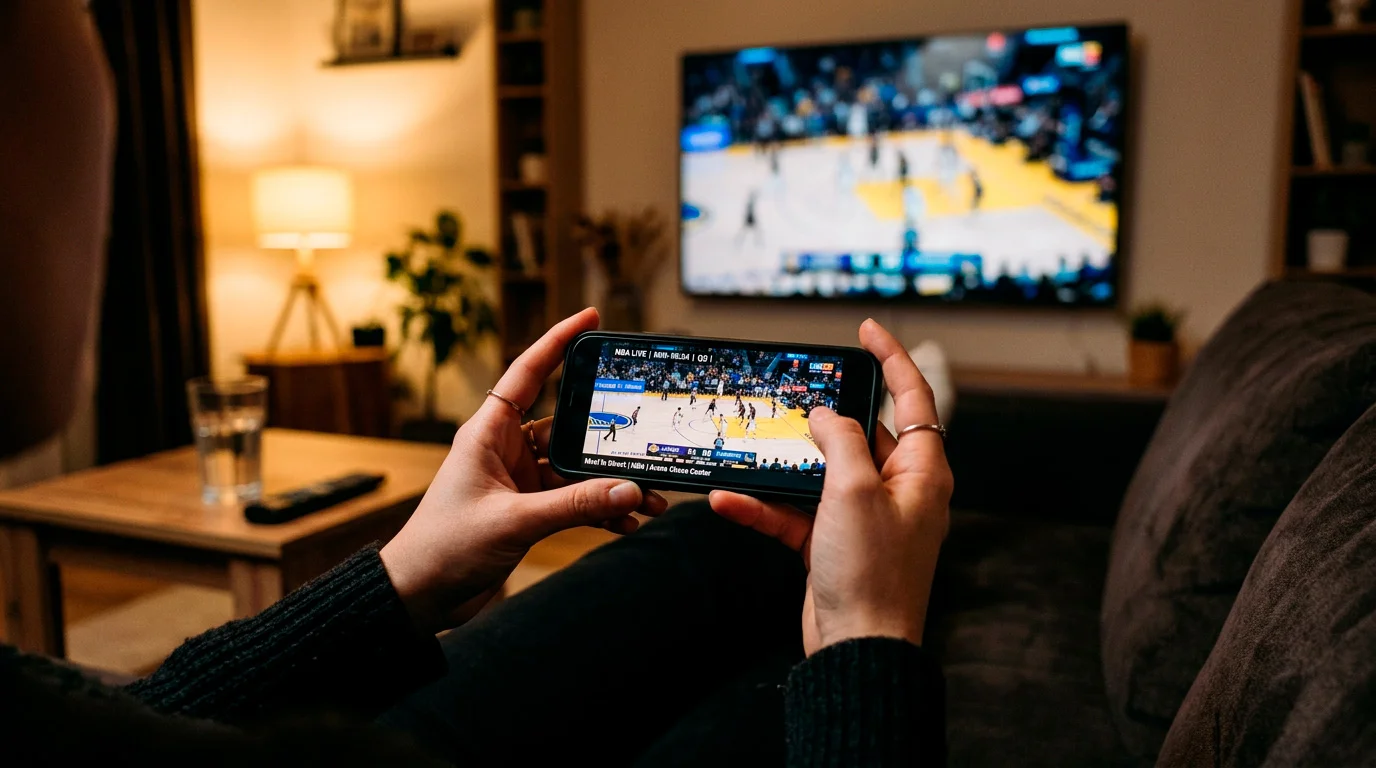 Persoană urmărind un meci NBA pe telefon mobil cu statistici live afișate pe ecran
