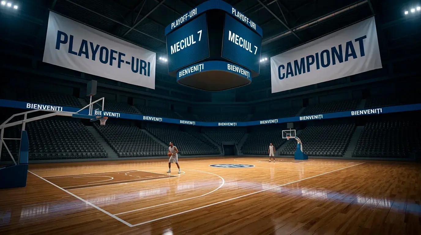 Arena NBA pregatita pentru un meci de playoff cu terenul iluminat si bannere ale echipelor