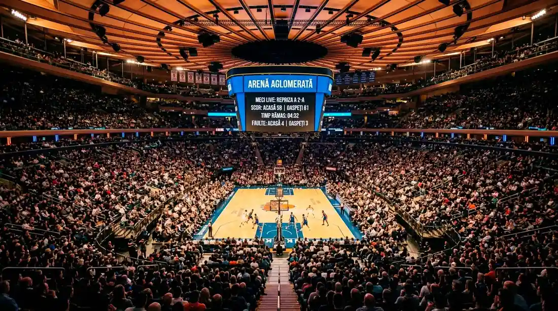 Arenă NBA plină cu spectatori în timpul unui meci de baschet profesionist