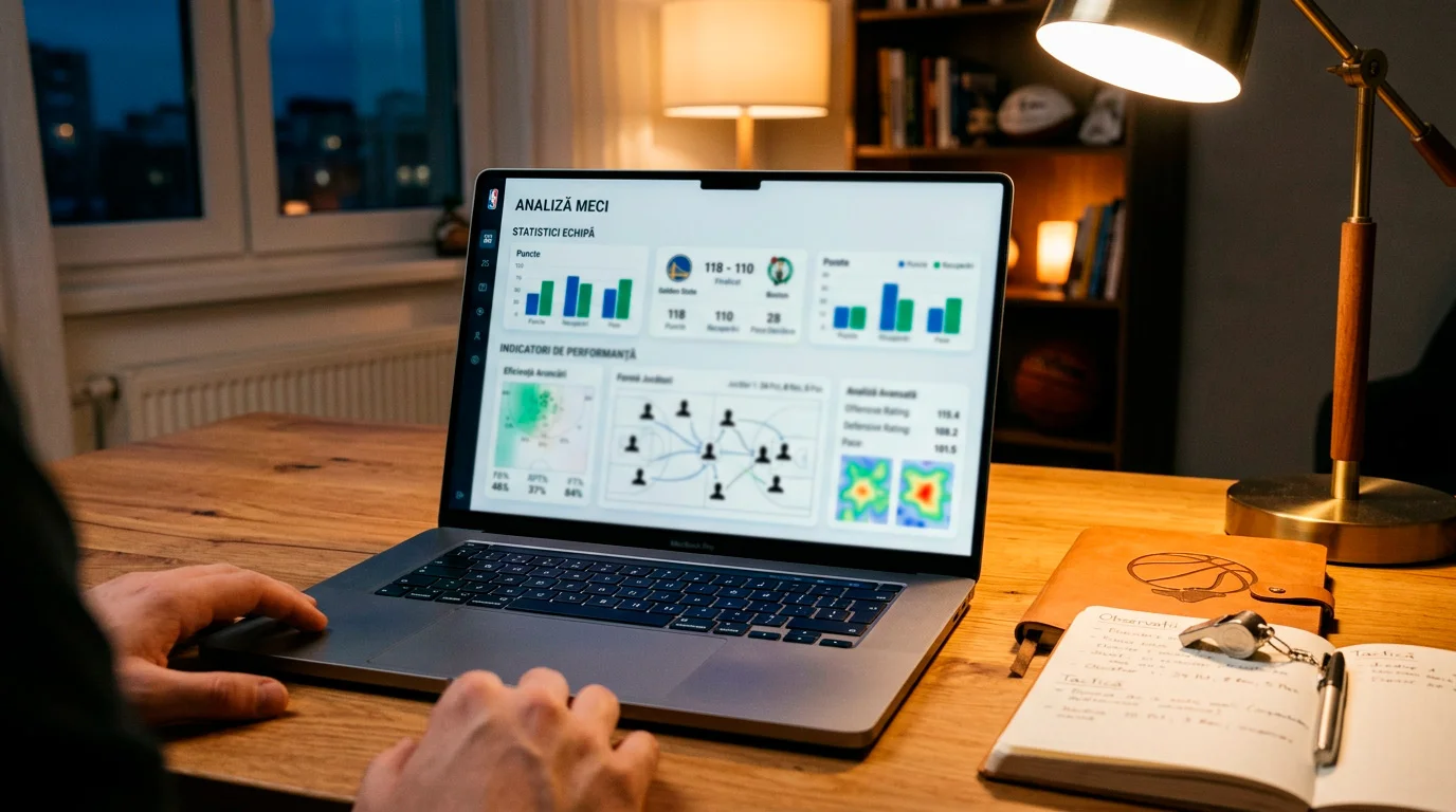 Ecran de laptop cu analiza unui pronostic NBA aratand statistici si indicatori de calitate