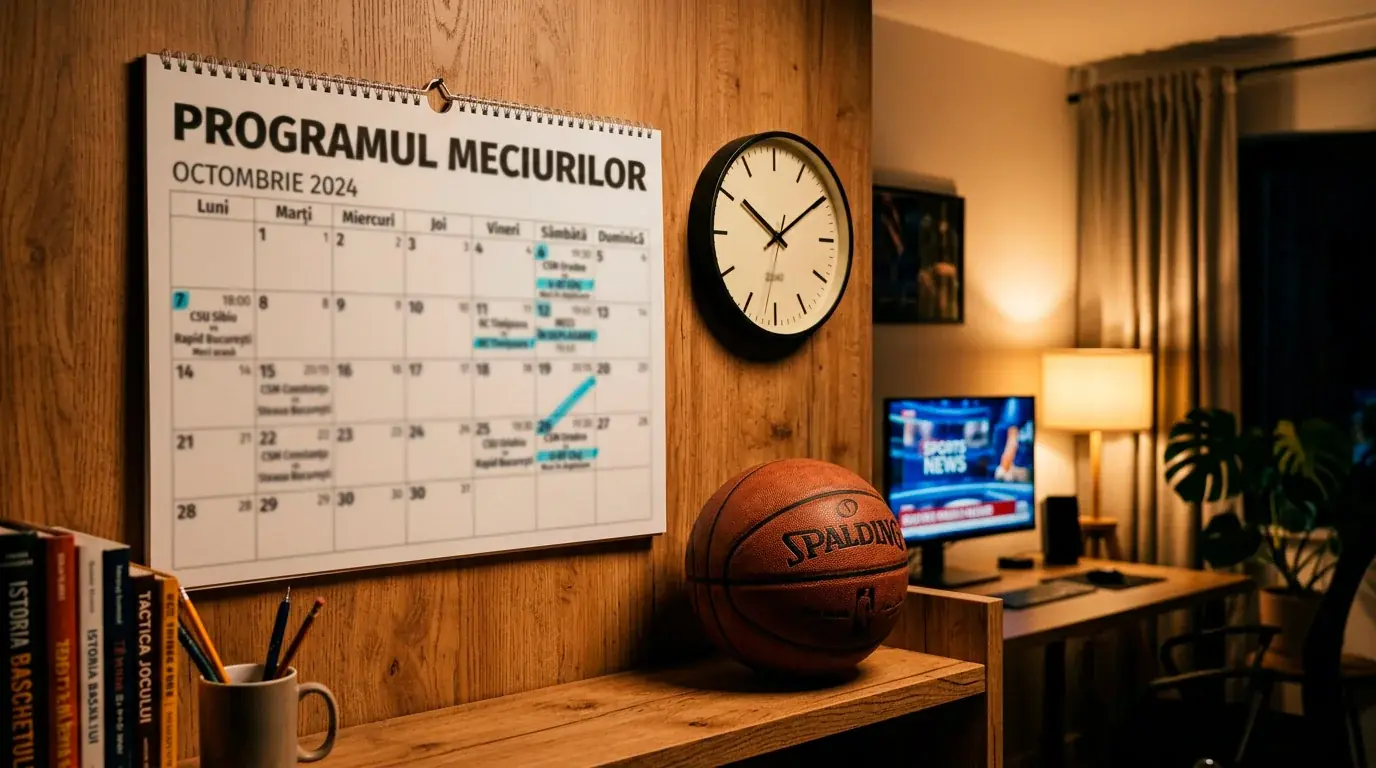 Calendar cu programul meciurilor NBA si orele de start afisate pe un perete langa un ceas