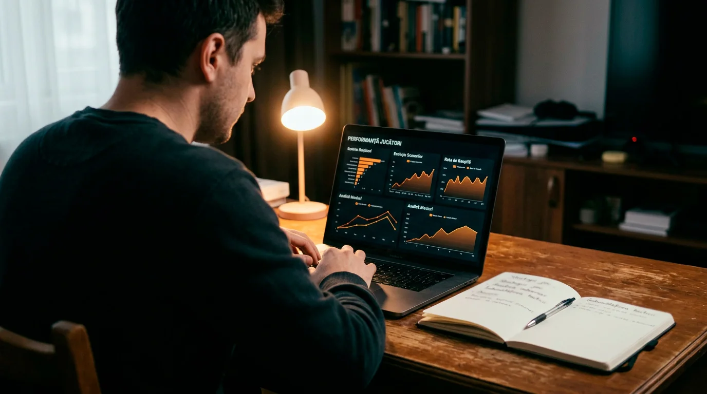 Analist verificând statistici NBA pe laptop cu grafice de performanță și date de meciuri