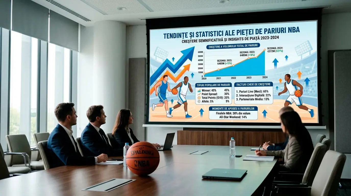 Infografic cu tendintele pietei de pariuri pe NBA afisat pe un ecran mare in fata unui teren