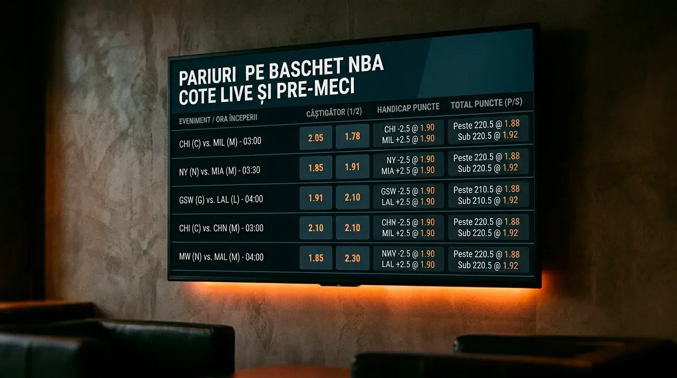 Ecran cu cotele unui meci NBA afișând opțiuni de pariuri moneyline, spread și total puncte